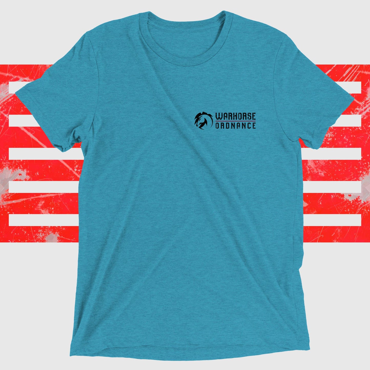 Blue women's Warhorse Ordnance tee on a background with red stripes, featuring a relaxed fit, Bella Canvas fabric, and strong second amendment design.