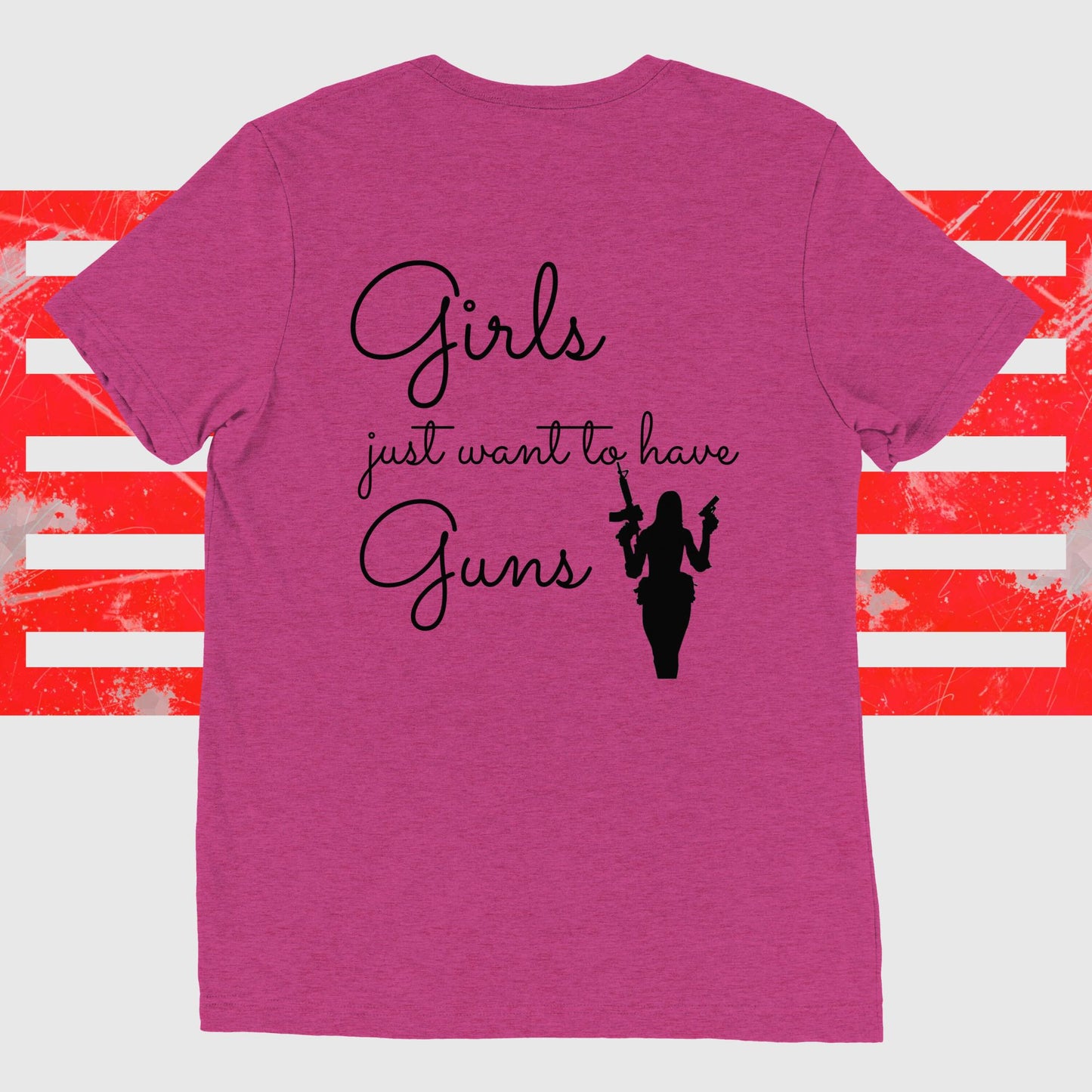 Pink Warhorse women's tee with "Girls Just Want To Have Guns" text and silhouette graphic against distressed American flag background