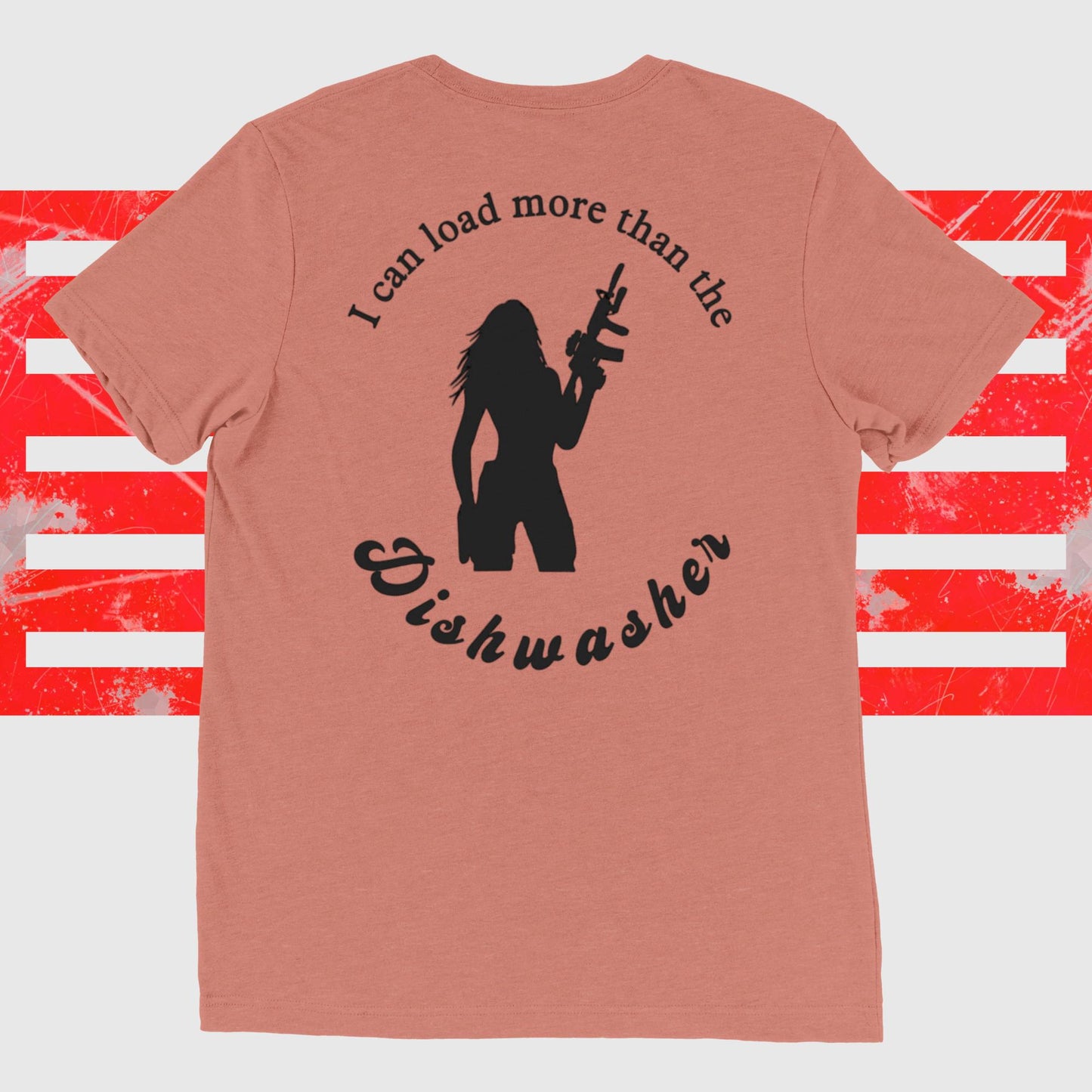 Women's Warhorse Tee with "I Can Load More Than The Dishwasher" print in pink.