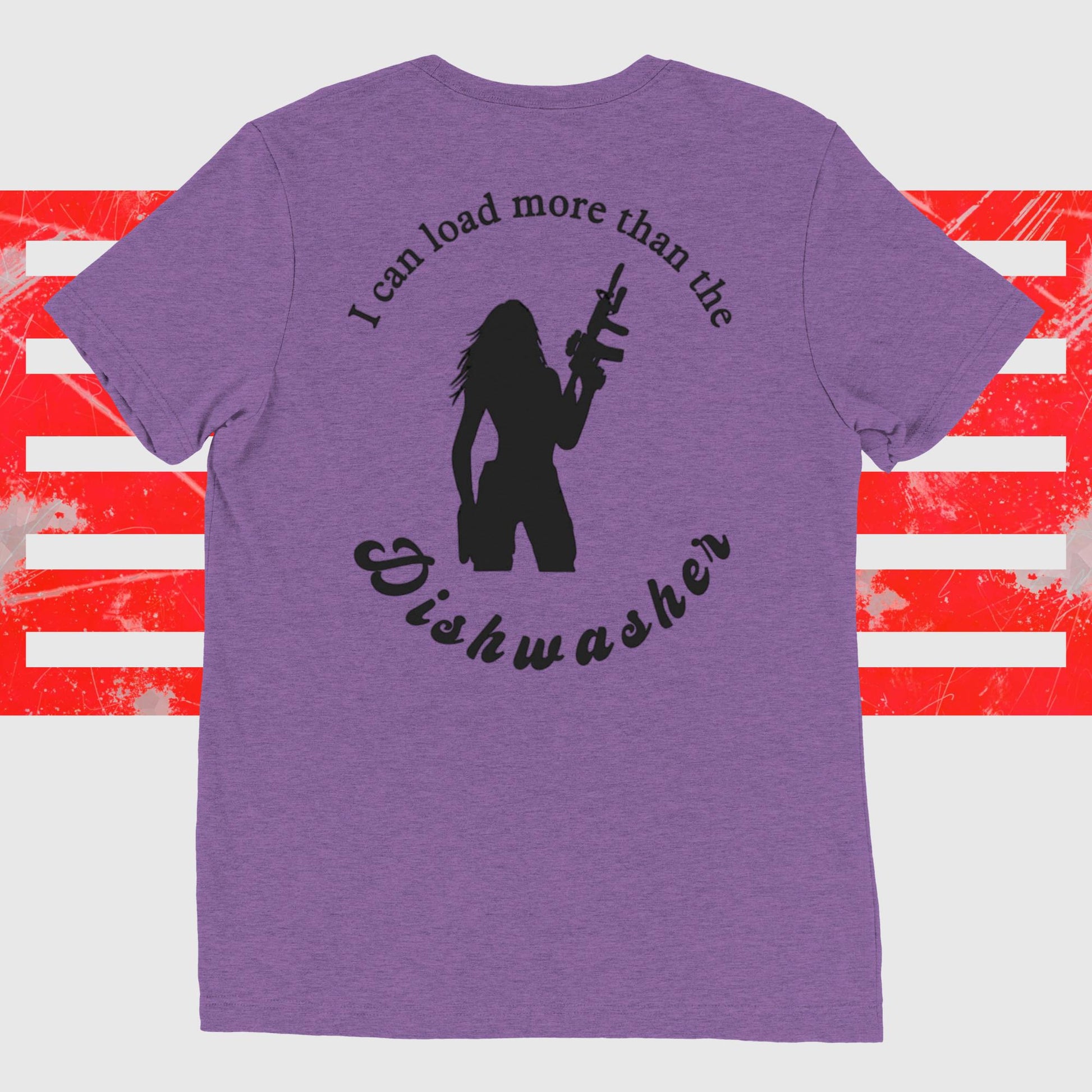 Purple Warhorse Women's Tee with "I Can Load More Than The Dishwasher" text, relaxed fit, pre-shrunk, Bella Canvas, perfect for strong, girly women.