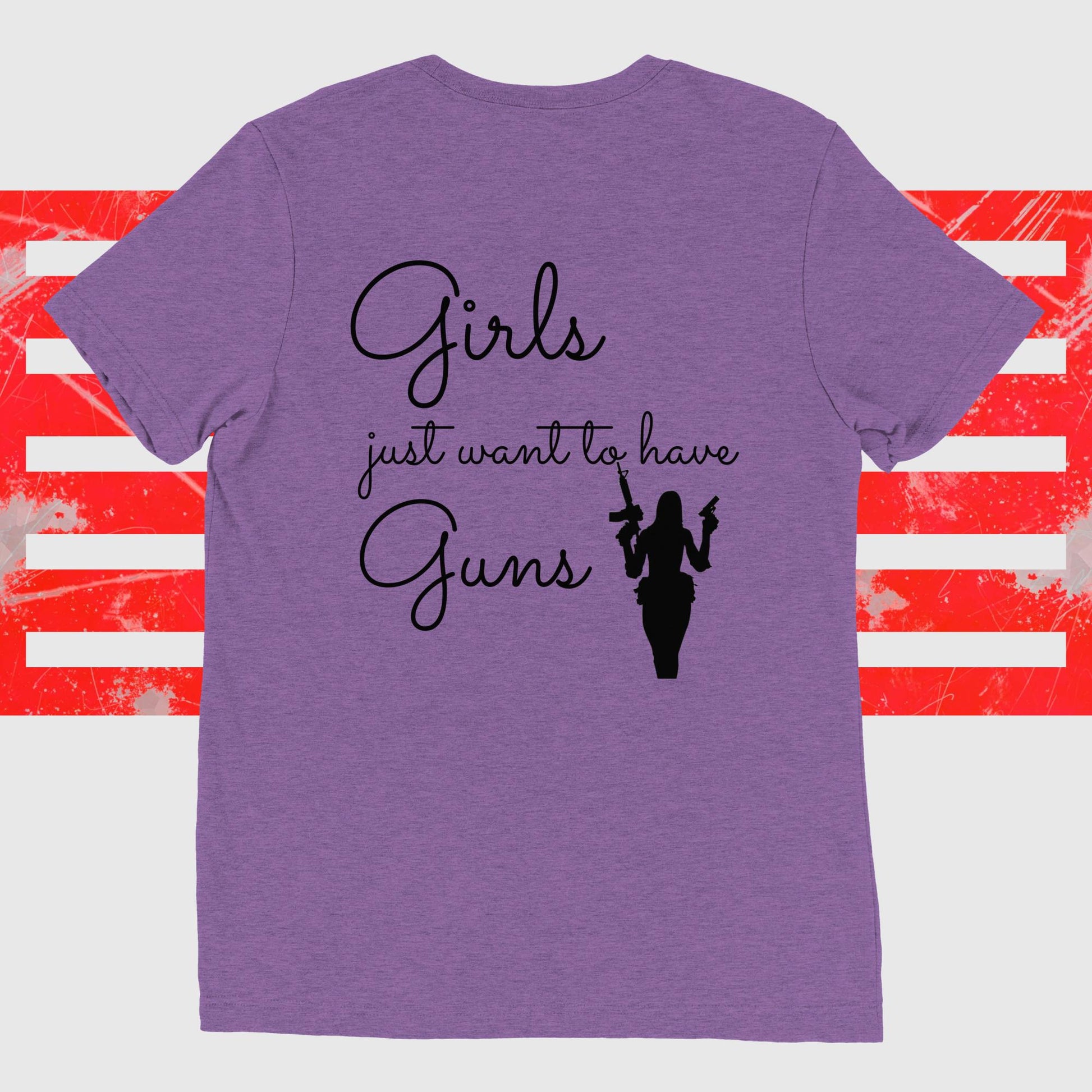 Purple women's tee with "Girls just want to have Guns" text, featuring a silhouette of a woman holding guns, and an American flag background.