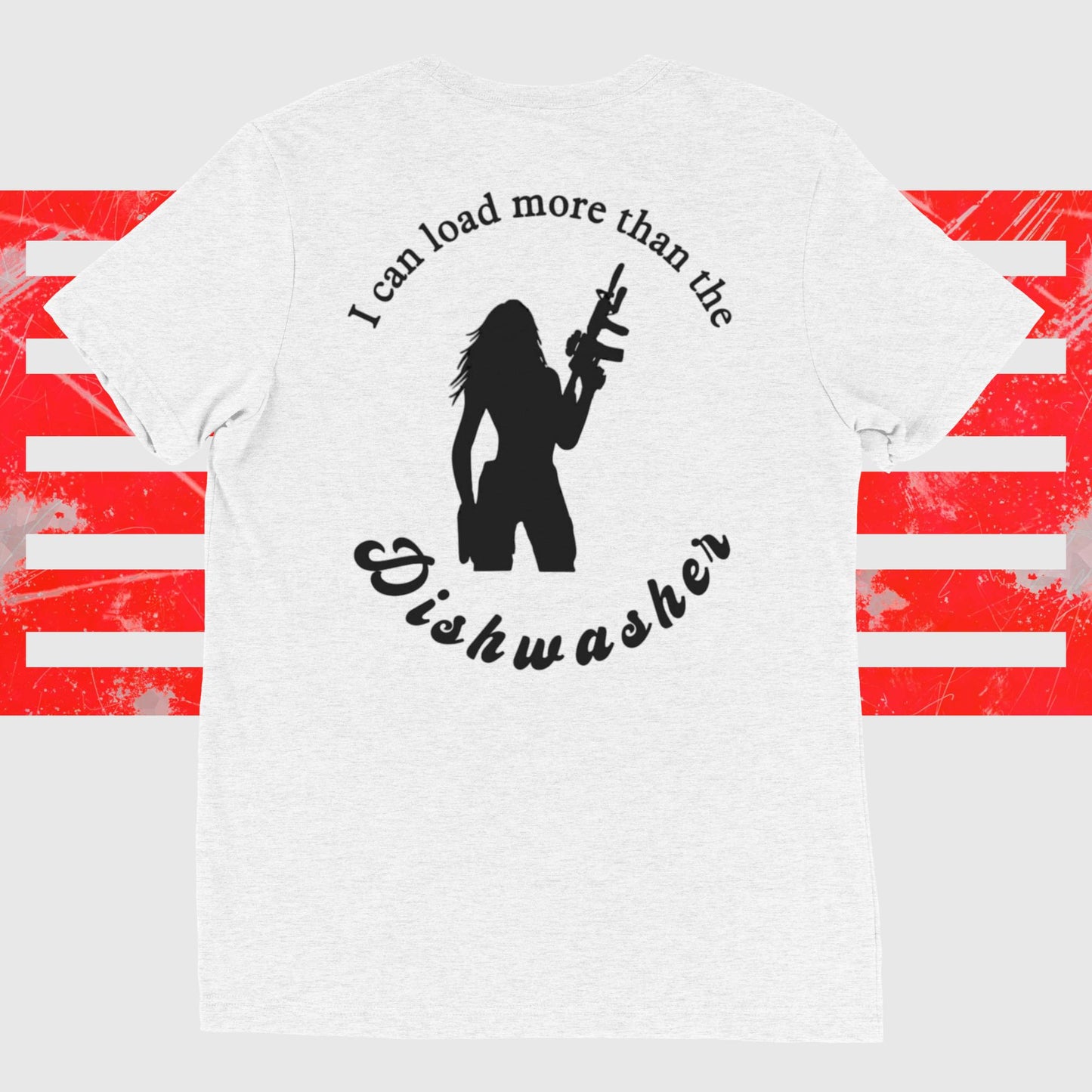 Warhorse Women's Tee with "I Can Load More Than The Dishwasher" text, silhouette of woman with gun on back, relaxed fit, pre-shrunk.