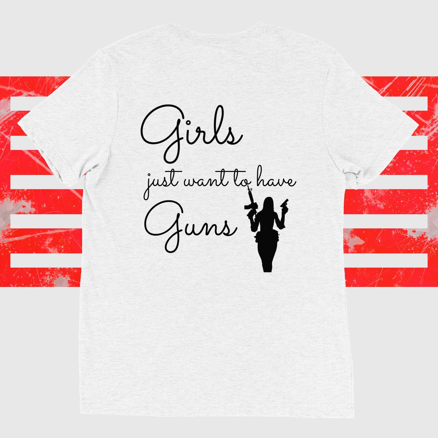 White women's tee with black print "Girls Just Want To Have Guns" and silhouette graphic against red striped background