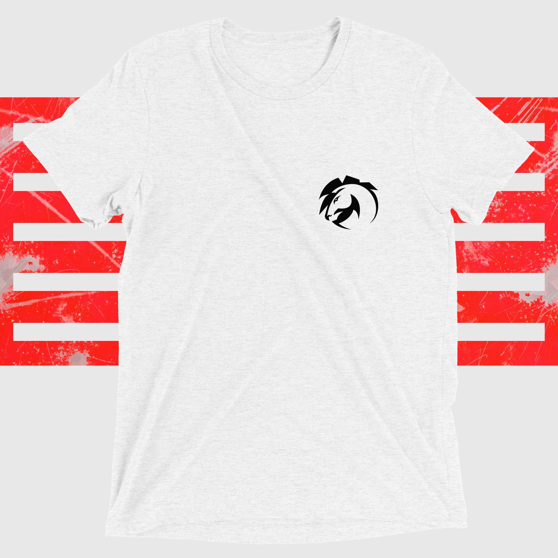 White Warhorse Women's Tee with black warhorse logo on chest, displayed against a red and white abstract background, relaxed fit, pre-shrunk, Bella Canvas.